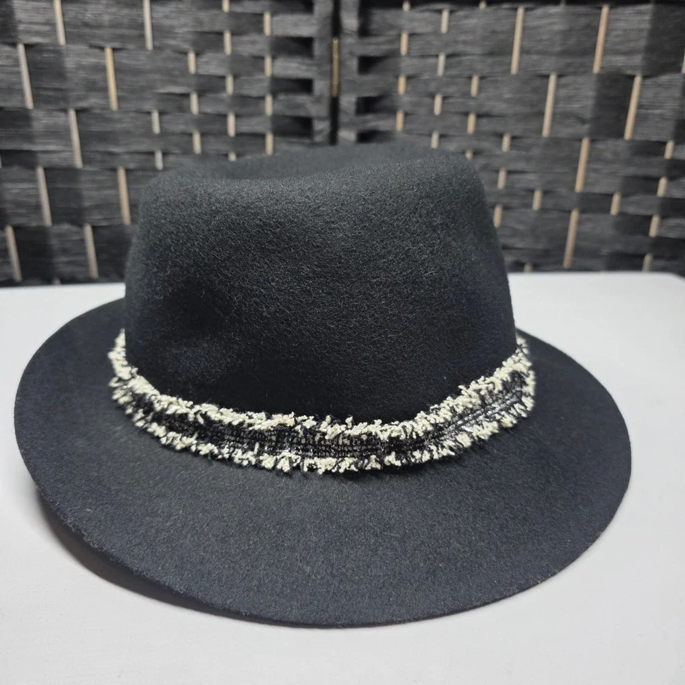 Nine West Black 100% Wool Fedora Hat Tweed Band Bow Accent One Size Wide Brim